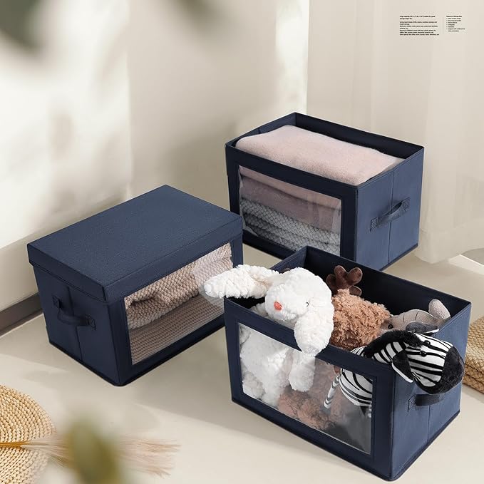 Homsorout Foldable Storage Boxes with Clear Window - Clothes Organizers and Storage, Decorative Bins with Lid, Fabric Storage Cube, Storage Baskets for shelves, Yarn, Home, Navy blue, 3 Pack