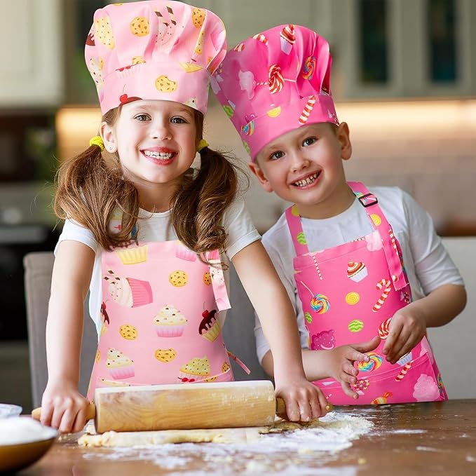 GROBRO7 4Pcs Kids Apron and Chef Hat Set Gift for Girls Boys, Cookie Cupcake Candy Prints Kitchen Pretend Play Child Pink Adjustable Aprons with 2 Pockets Waterproof Smocks for Baking Cooking Painting