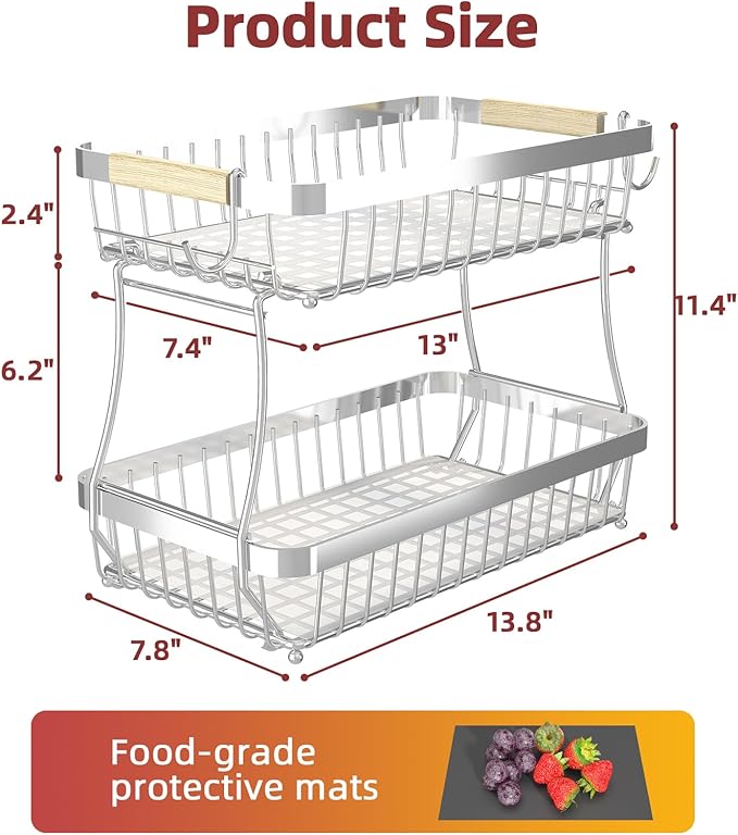 Sevenblue 2 Tier Large Fruit Basket for Kitchen Counter with 2 Mobile Banana Hangers, 2026 Pro Detachable Metal Fruit Bowl with Wooden Handle (Silver, 2 Tier)