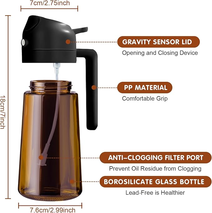 YARRAMATE 2PCS 16oz/470ml Oil Sprayer for Cooking with Stickers, Food-Grade 2 in 1 Olive Oil Dispenser Bottle for Kitchen, Premium Dark AmberGlass Oil Bottle for Air Fryer, BBQ (Black & Green)