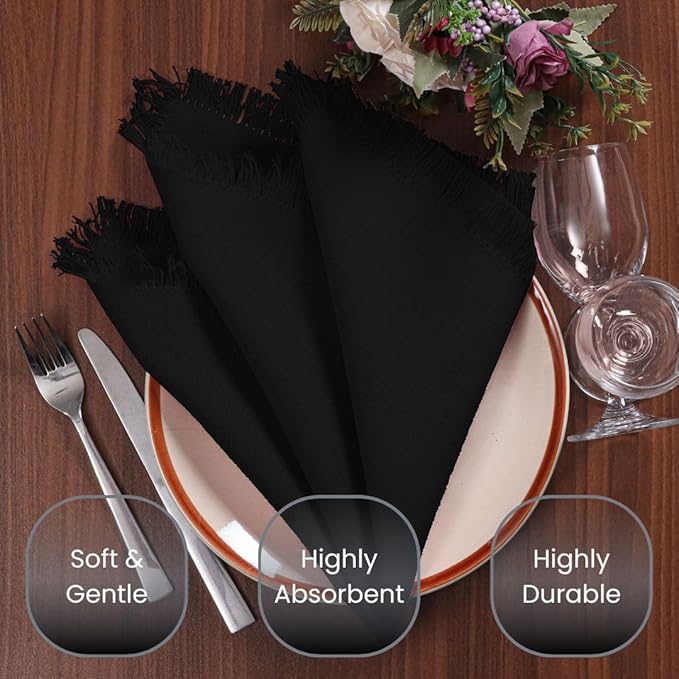 Cloth Dinner Napkins 100% Cotton Set of 6 - Soft Durable Reusable Napkins - Perfect for Dining Weddings Parties Holidays Christmas and Everyday Use - Large 20x20 Inch Cloth Napkins Black