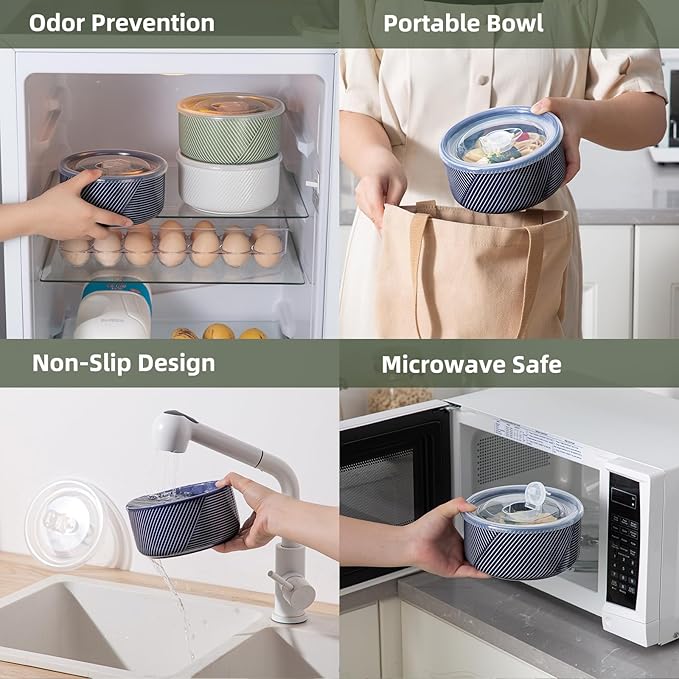 Large Ceramic Bowls with Lids: 32 oz Microwave Safe Food Storage Containers for Soup Salad Meal Prep Lunch Picnic Camping - 6 Inch, Set of 4 (Navy)
