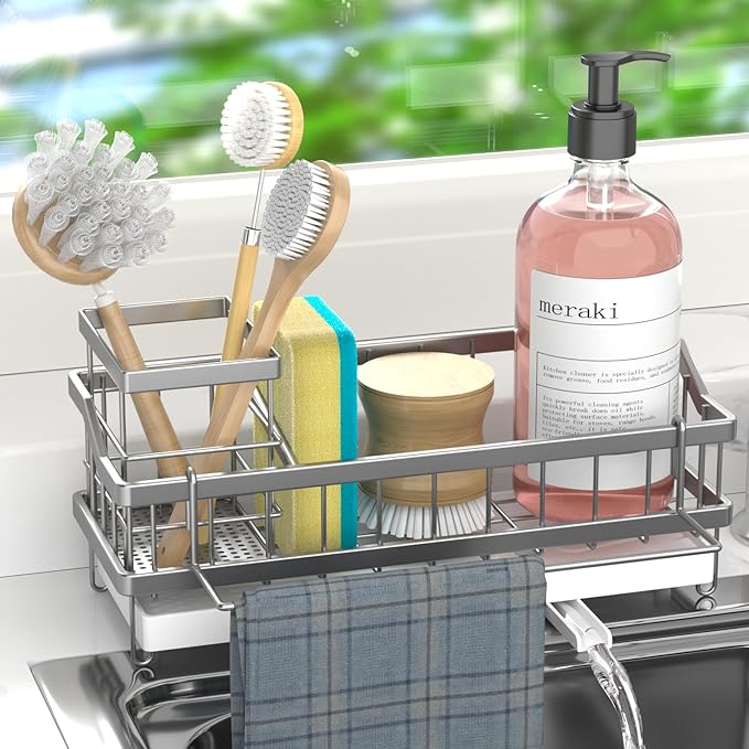Sponge Holder for Kitchen Sink - Countertop Rustproof Stainless Steel, Kitchen Gadgets Accessories, Sink Caddy (Silver)
