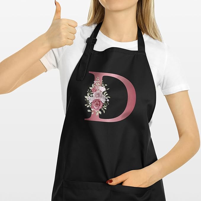 ROKO CLOTHING Personalized Initials Apron with Pockets Custom Kitchen Aprons Women for Baking Cooking Adjustable Neck Waist
