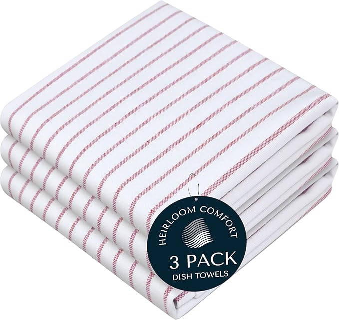 Burgundy Striped Kitchen Dish Towels (3-Pack), Quick Dry, Ultra Absorbent & Durable, 100% Cotton Classic Stripe Towels for Drying Dishes, Wiping, and Daily Kitchen Cleanup
