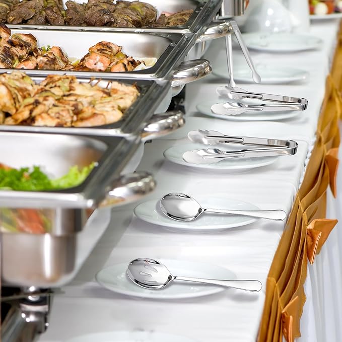 Mwellewm 18Pcs Serving Utensils, Serving Spoons for Buffet, Serving Tongs for Food, Large Slotted Spoons, Stainless Steel Banquet Cutlery Set for Parties Weeding Birthday Entertaining Catering(Silver)