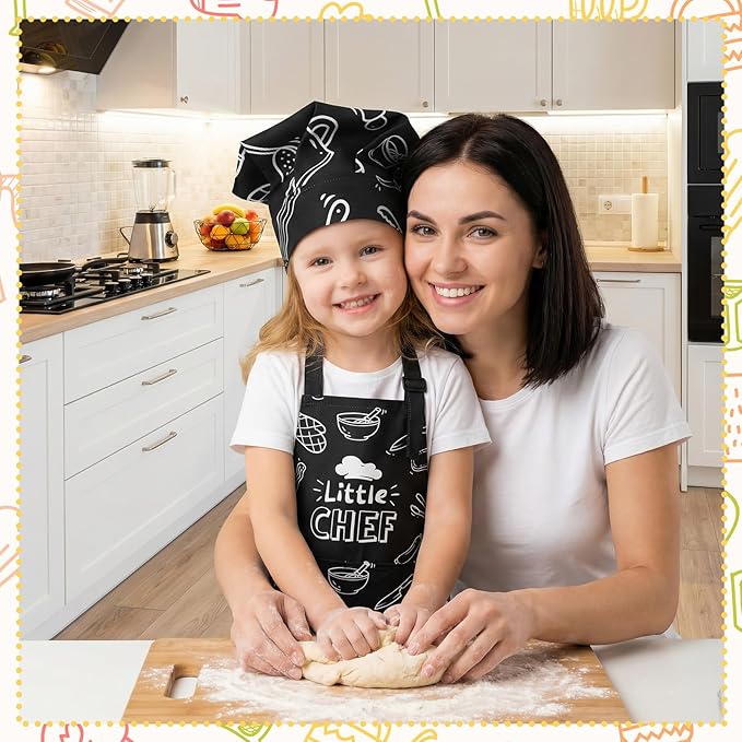 Kids Apron and Chef Hat Set, Funny Apron with 2 Pockets, Adjustable Kids Aprons for Cooking for Boys and Girls