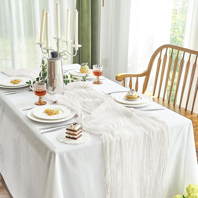 IVAPUPU 10 Pcs Cheesecloth Table Runner - 10ft Ivory White Spring Boho Gauze Cheese Cloth Table Runners for Baby Shower Decorations Wedding Party Garden Farmhouse