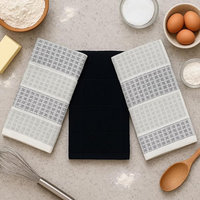 Black Gray Kitchen Dish Towels- Set of 3 100% Cotton Cloth Soft Cleaning Drying Absorbent Textured Honeycomb Weave- Oversized 28" x 18" Multipurpose Towels for Everyday Use
