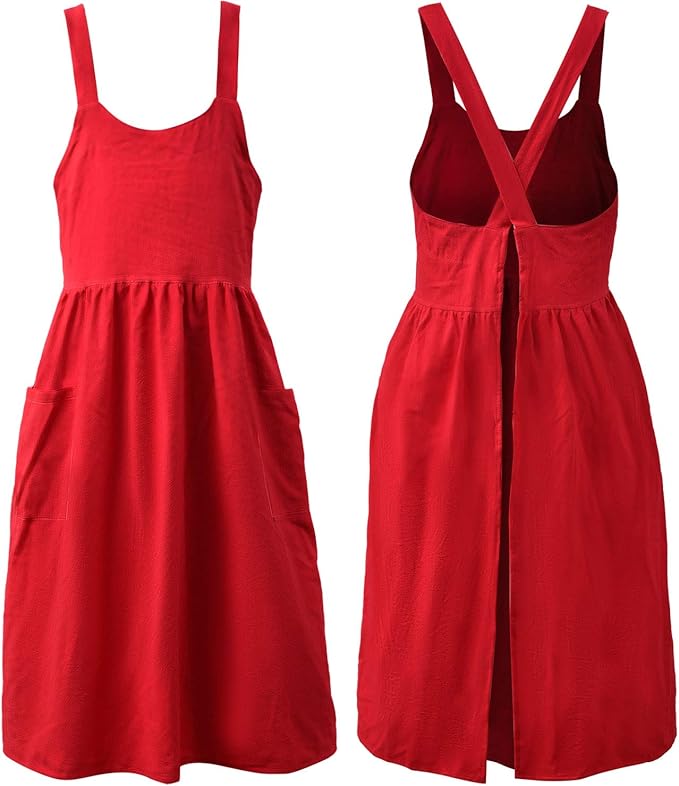 Uaussi Cotton Linen Apron Cross Back Work Apron for Women with Pockets Pinafore Dress X Cross Halter Apron for Chef Gardening