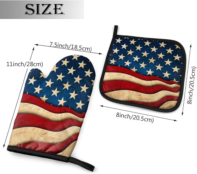 Retro American Flag Oven Mitts and Pot Holders Sets Heat Resistant Kitchen Oven Gloves Non-Slip for Safe BBQ Cooking Baking Grilling Set of 2