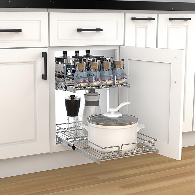 2 Tier Pull Out Cabinet Organizer, 11" W x 21" D Heavy-Duty Metal Sliding Drawer Shelf for Kitchen Cabinets, Chrome, Doesn't Include Door Fittings