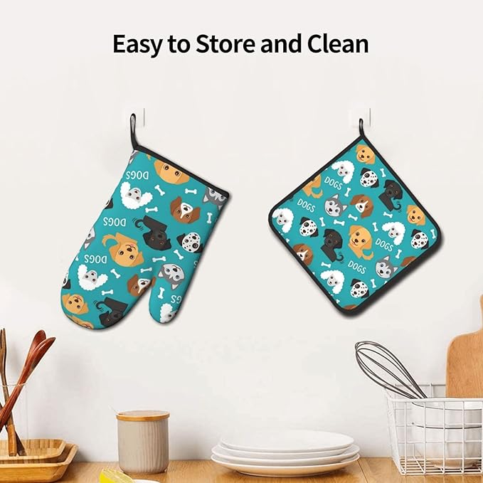 Dogs and Bone Oven Mitts and Pot Holders Green Background Heat Resistant Oven Mitts Safe for Baking Cooking BBQ