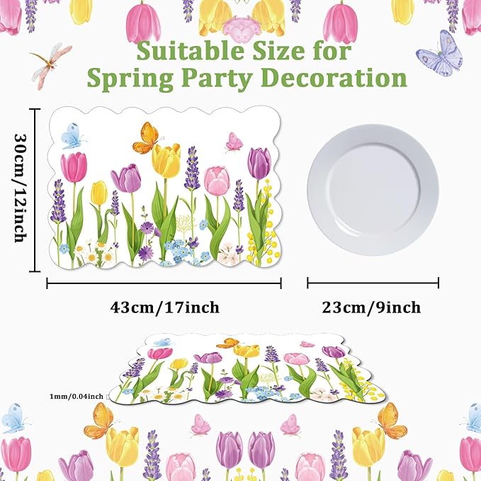 Spring Tulip Placemats Set of 6 Easter Plastic Place Mats Lavender Table Mats Lavender Tulip Holiday Kitchen Placemats for Indoor Outdoor Spring Summer Party Dining Table Decoration