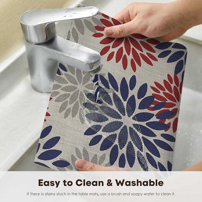 Artoid Mode Floral Vinyl Plastic Placemats Set of 4, 12x18 Inch 4th of July Patriotic Memorial Day Washable Non-Slip PVC Place Mats for Party Kitchen Dining Decor, Red Blue
