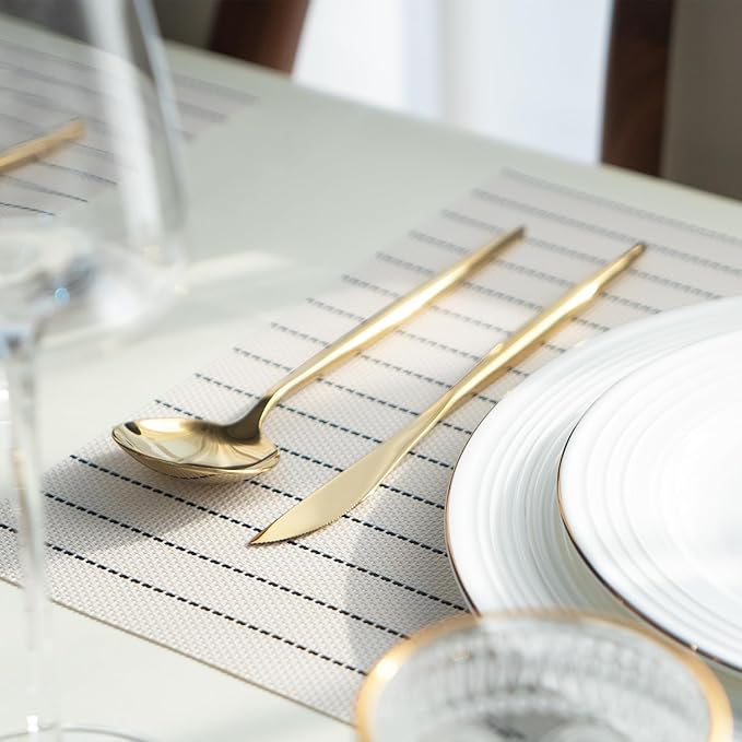 Placemats Set of 6 Vinyl/Plastic Woven Place Mats for Kitchen Table Indoor/Outdoor Washable Placemat Wipeable Dining Table Mats (White Stripes,6)