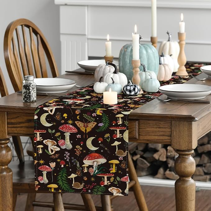Artoid Mode Black Modern Mushroom Fall Table Runner, Seasonal Botanic Farmhouse Kitchen Dining Table Decoration for Home Party Decor 13x72 Inch