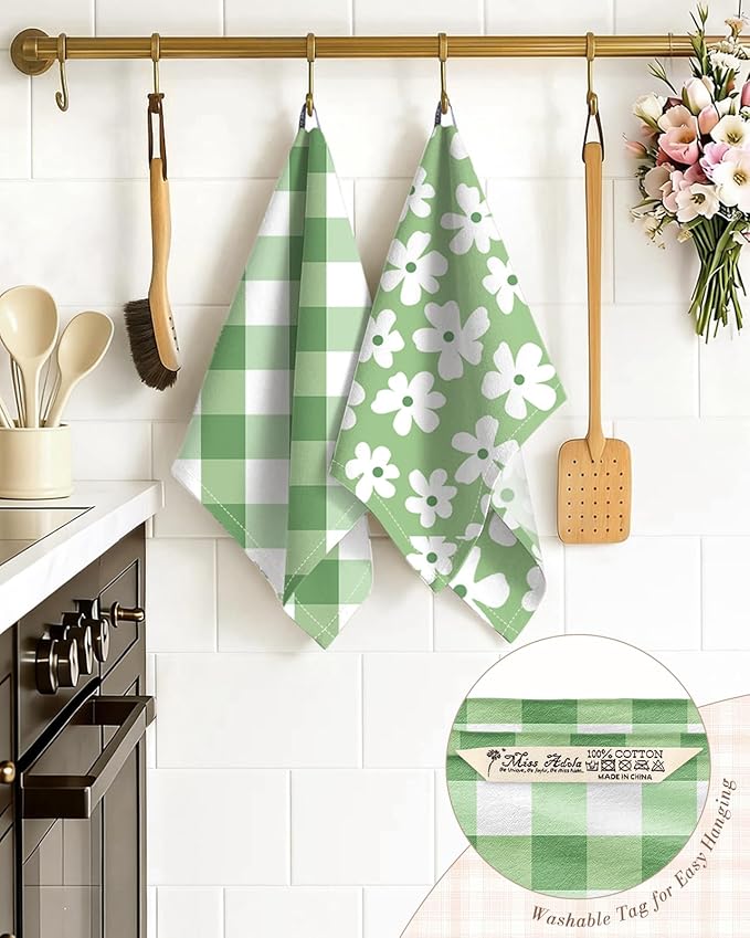 Miss Adola 2pcs Flour Sack Kitchen Towels - 18"x 26" Cotton Kitchen Hand Towels with Hanging Loop Reusable Geometric Green Farmhouse Plaid Floral Tea Towel Absorbent Dishcloths Home Decor, Sage Green