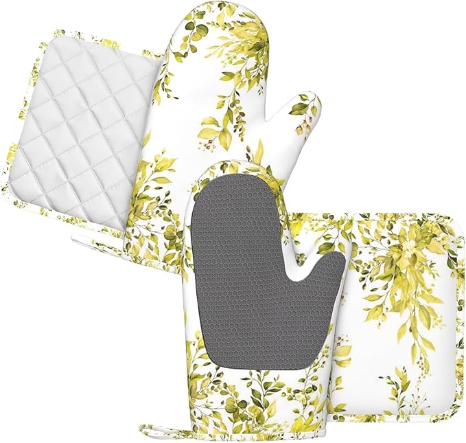 Yellow Eucalyptus Oven Mitts and Pot Holders Set, 4pcs Silicone Watercolor Plant Leaves with Floral Oven Glove for Kitchen Heat Resistant Oven Mitts and Potholders Non-Slip for Cooking