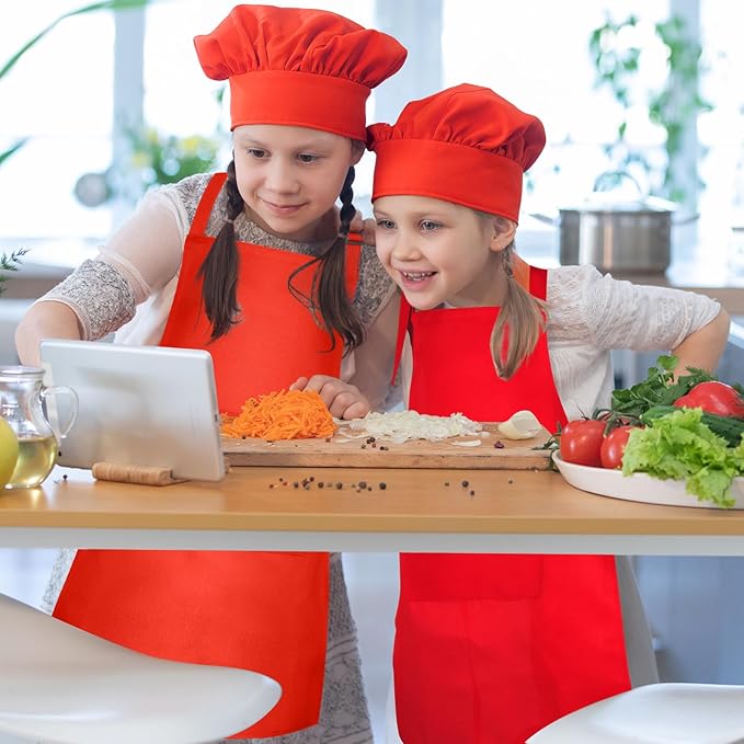 Kids Apron and Chef Hat Set Children Apron Adjustable with 2 Pockets Children Chef Painting for Cooking Baking