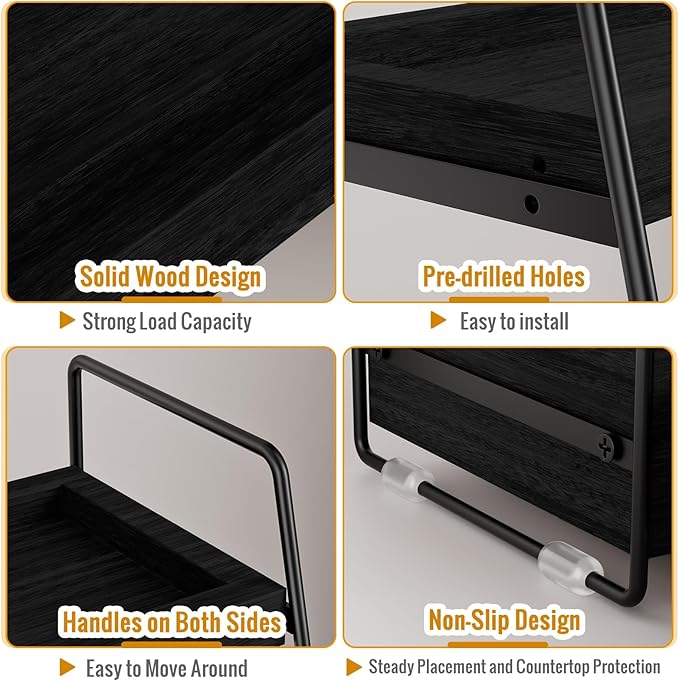 2-Tier Bathroom Counter Organizer with Drawer & Removable Basket, Wood & Metal Vanity Organizer for Skincare, Makeup, Perfume, Toiletries, Small Bathroom Counter Shelf, 13'' Black