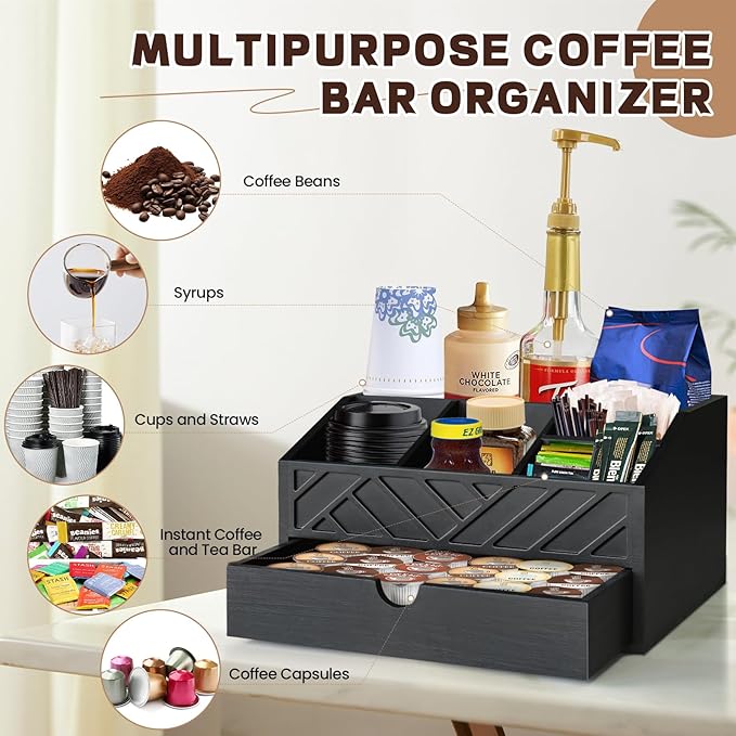Coffee Bar Organizer with Drawer, Coffee Station Organizer for Countertop, Wood Coffee Bar Accessories Organizer for Coffee Bar Decor, Farmhouse Cup Pod Holder Condiment Organizer(Black)