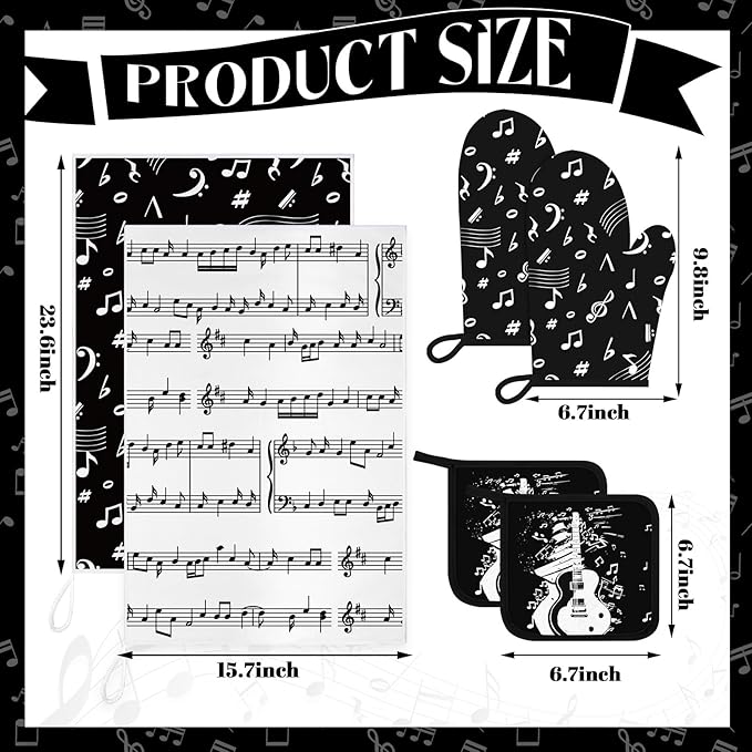 Leinuosen 8 Pcs Music Note Kitchen Decor Accessories Set Farmhouse Towels Oven Mitts Pot Holders Dishcloths Set Kitchen Decorative Absorbent Potholders for Chef Baking Cooking