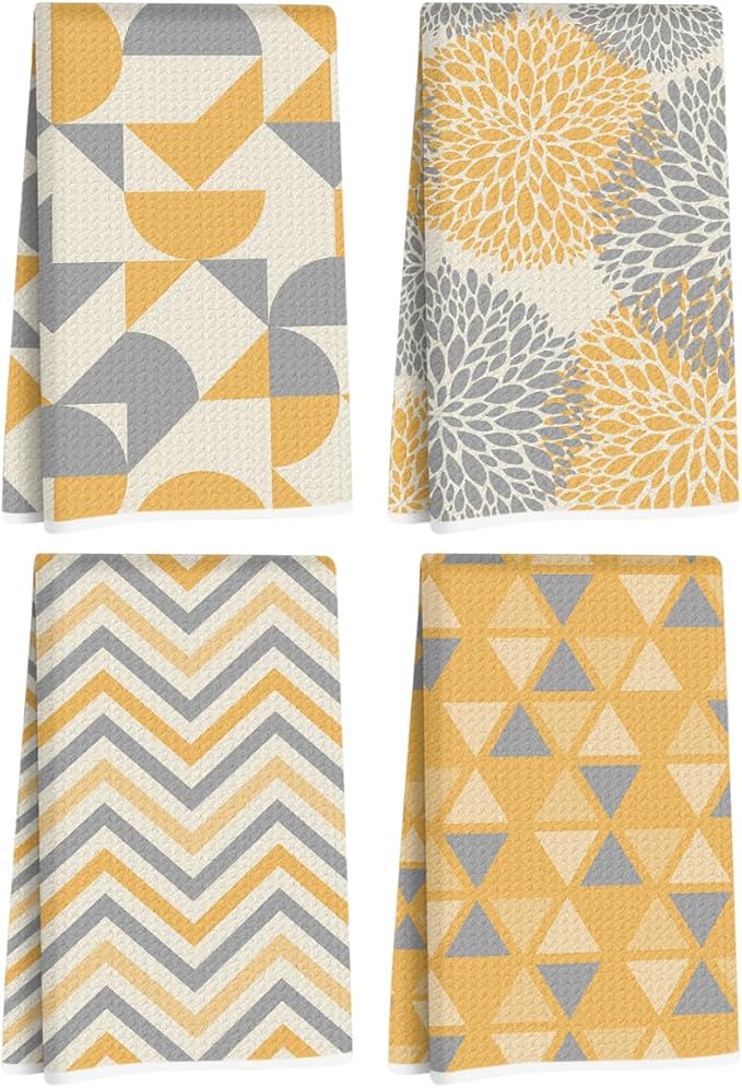 4 Pcs Abstract Artistic Kitchen Towels, Yellow Flower Soft Absorbent Tea Hand Towel, Microfiber Dish Cloths for Drying Dishes, Waffle Dish Towels for Kitchen Bathroom Home Decor for Women Mom