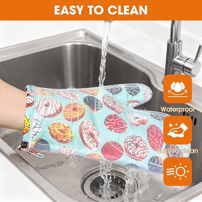 Silicone Oven Mitts Set Heat Resistant 2PCS Kitchen Mittens with Soft Cotton Lining Long Waterproof Non-Slip Oven Gloves for Cooking, BBQ, Baking-Donut