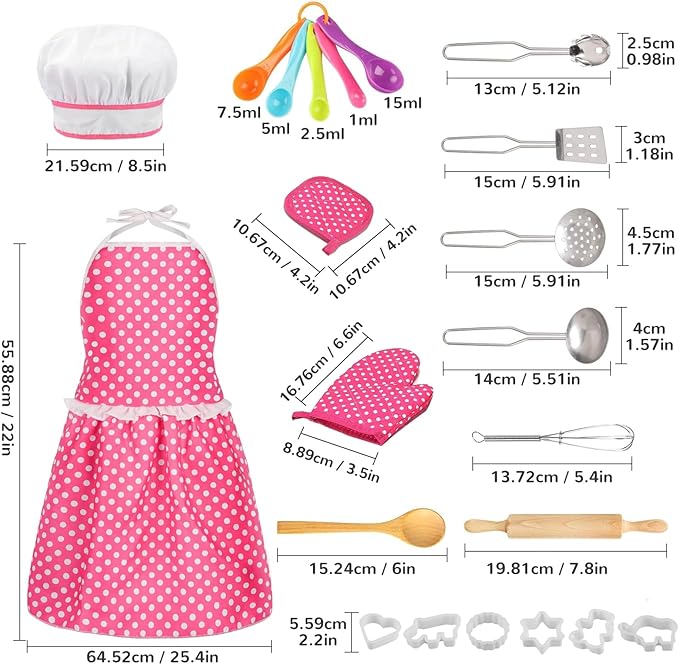Kids Cooking Baking Set , Kids Kitchen Pretend Play Toys, Children Chef Role Play Costume Set - Chef Hat and Matching Pink Apron, Birthday Xmas Gifts for 3-8 Year Old Girls Toys