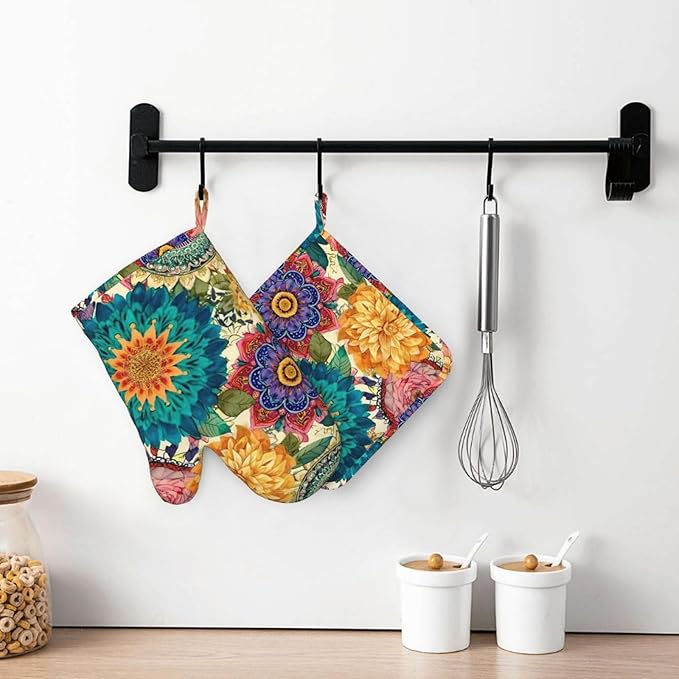 Oven Mitts and Pot Holders Colorful Flower Pattern Boho Silicone Kitchen Accessories Set of 2 Heat Resistant Long Gloves Potholder Non-Slip Grip for Chef Cooking,Baking,Grilling,BBQ