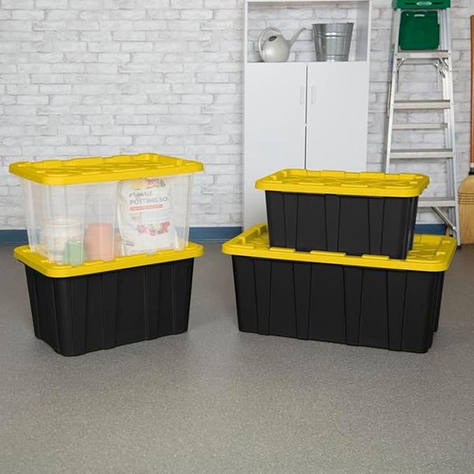 Sterilite 12 Pack Industrial Tote, Plastic Storage Container Bins with Lids, 27 Gallon - Heavy-Duty Organizing Containers for Closet, Bathroom, and Office