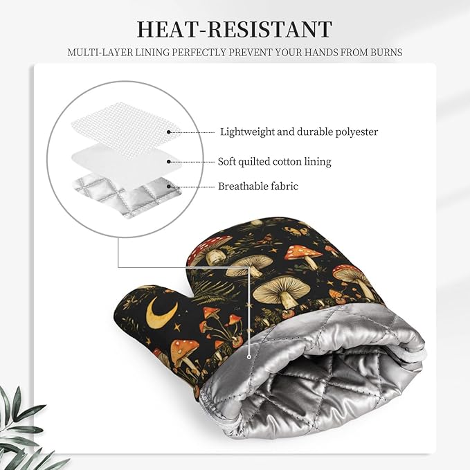 Forest Mushroom Silicone Oven Mitts Set of 2, Heat Resistant up to 500°F, Kitchen Oven Gloves with Non-Slip Grip and Soft Cotton Lining for Baking, Cooking and BBQ