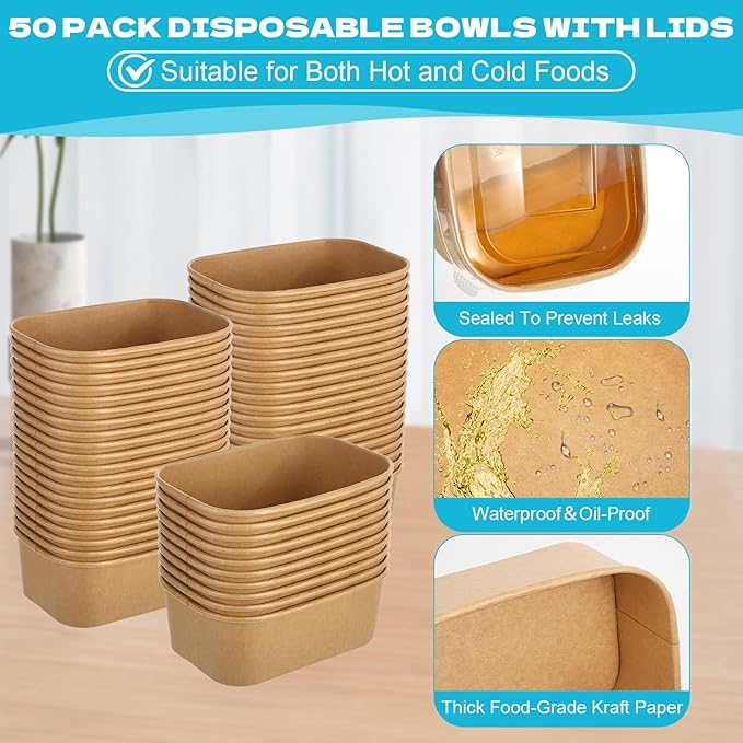 50 Pack 25oz Disposable Kraft Paper Bowls with Lids, Rectangle Meal Prep Containers Bulk, Large Paper Salad Bowl, Leakproof Food Containers Treat Soup Serving Bowls, Microwave Safe for Hot/Cold Food