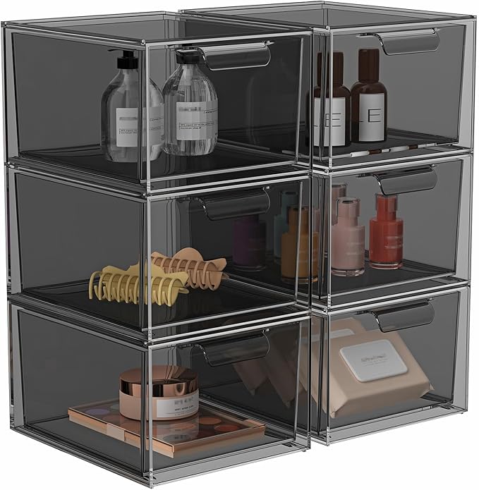 SpaceHacks 6 Pack Stackable Makeup Organizer and Storage, Acrylic Organizers，Clear Plastic Storage Drawer with Pull-Out Handles for Vanity, Undersink, Kitchen Cabinets, Pantry, Black