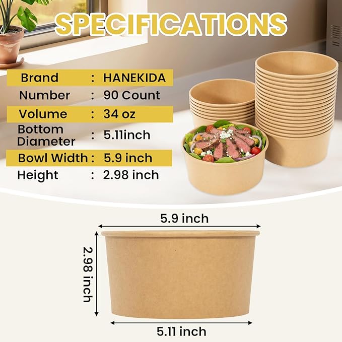 90 Count 34 oz Disposable Paper Bowls (NO LIDS), Soup Bowls Disposable Salad Bowls | Microwave-Safe | for Hot Soup, Pasta, Sandwiches, Ice Cream, Cold Food