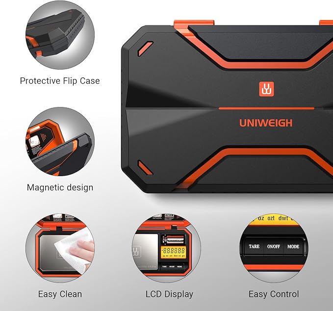 UNIWEIGH Digital Pocket Scale 200g/0.01g, Digital Scale Grams,6 Units Conversion Jewelry Scales,Coins Scale with LCD Display,Tare Function for Food,Powder,Small Items(Battery Included)-Orange