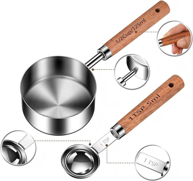 Wooden Handle Measuring Cups and Spoons Set 304 Stainless Steel Metric and US Measurements, Stackable Cups and Spoons, Fits for Measuring Dry and Liquid Ingredients