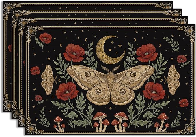 Black Poppy Moth Moon Placemats Set of 4, Floral Spring Table Mats for Outdoor Home Party Kitchen Dining Decor, Washable Non-Slip Heat Resistant Place Mats,Gothic Gifts for Women Mom Friend 12x18 Inch