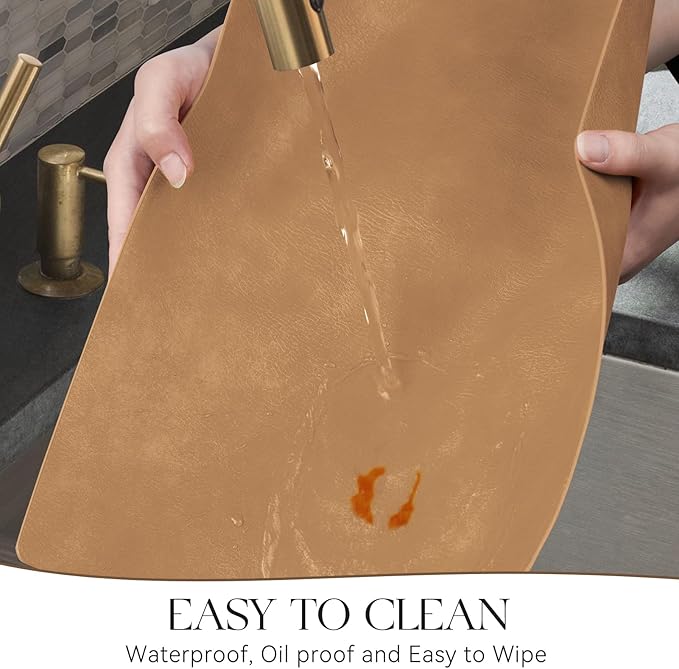 MOSAYT Vinyl Placemats Set of 12-12 X 17 Inch - Faux Leather 100% Waterproof Oil-Proof Wipeable PU Place Mats, Heat Resistant Reversible Table Mats for Kitchen, Dining, Outdoor (Camel)