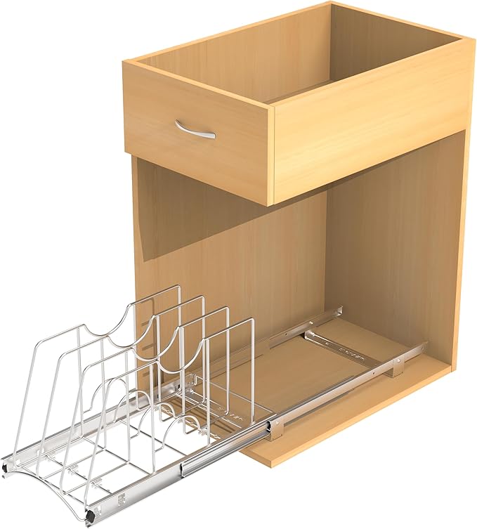 Pull Out Cookie Sheet Organizer for Cabinet, Pan and Pot, Cutting Board, Bakeware, Tray Organizer Rack, Sliding Rack- Heavy Duty, Adjustable Divider Width, 10" W x 22" D x 11" H, Chrome