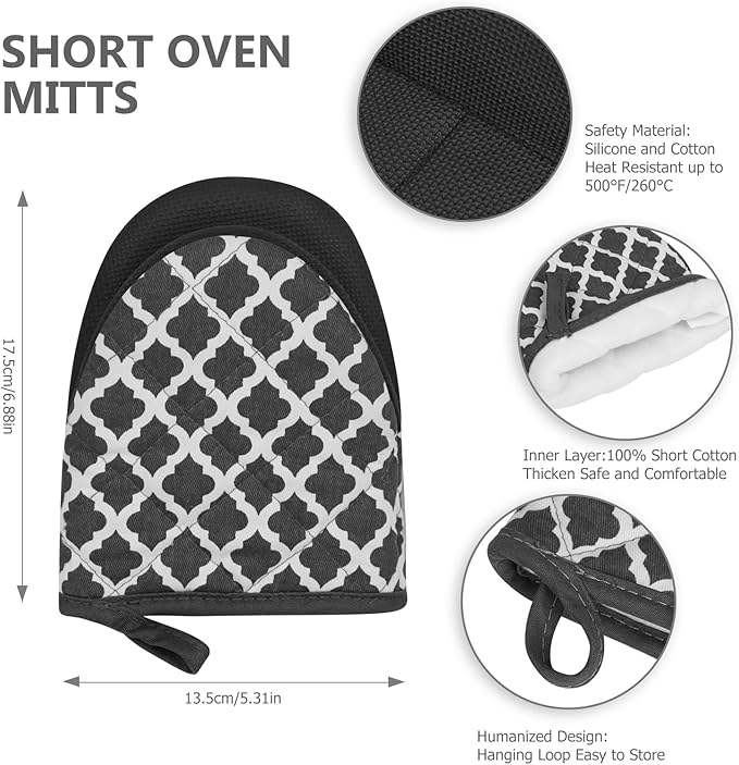 Short Oven Mitts, Heat Resistant 500°F, Silicone Grip Kitchen Gloves, Non-Slip for Baking, Grilling, BBQ, Machine Washable with Hanging Loop, 2-Pack Set, White Checkered Pattern
