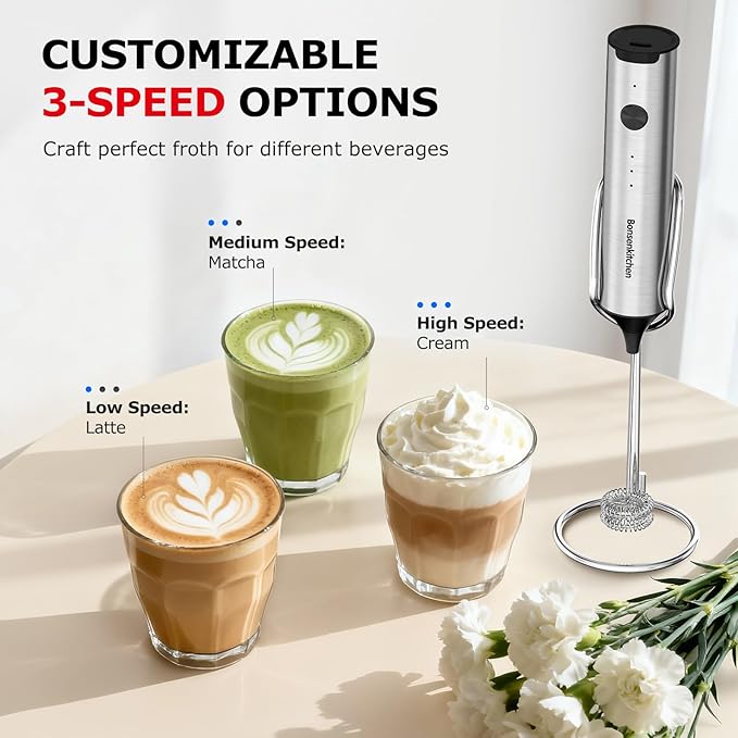 Bonsenkitchen Rechargeable Milk Frother with Stand, 3-Speed Handheld Coffee Frother, Dual Spring Whisk Electric Hand Frother Wand Drink Mixer for Matcha Lattes Cappuccino, Kitchen Gifts