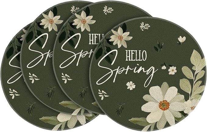 Artoid Mode Daisy Flowers Round Hello Spring Placemats Set of 4, 14 Inch Seasonal Summer Holiday Table Mats for Party Kitchen Dining Decoration
