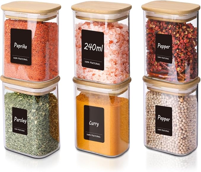 Comsaf Spice Jars with Label，8 oz Small Glass Jars with Lids, 6 Pcs Seasoning Containers, Rectangle Glass Containers with Lids, Empty Seasoning Jars for Pantry Storage, Loose Tea, Herbs, Powders, Salt