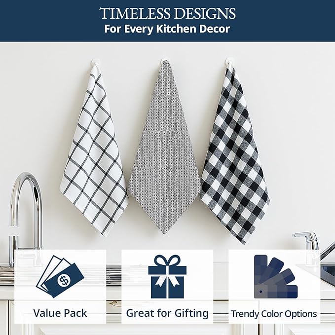LANE LINEN Kitchen Towels Set – Pack of 6 Cotton Dish Cloths, 18”x28”, Soft & Quick-Drying Tea Towels for Cleaning – Black