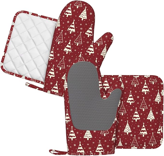 Christmas Oven Mitts and Pot Holders Set, 4pcs Silicone Christmas Tree Oven Glove for Kitchen Heat Resistant Snowflake Oven Mitts and Potholders Non-Slip for Cooking