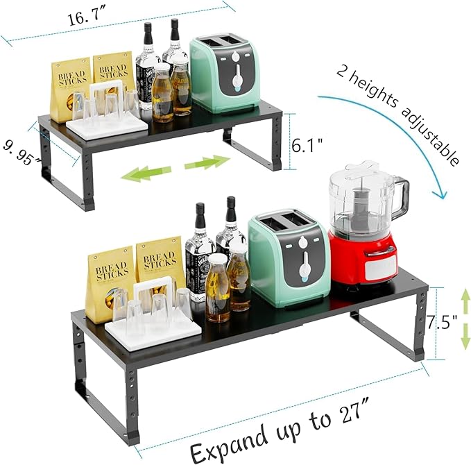 Jojocross Expandable Cabinet Shelf Organizer Storage Spice Rack Shelves for Kitchen Stackable Adjustable Pantry Cupboard Bathroom Countertop Desktop(2Packs/Black/Large)