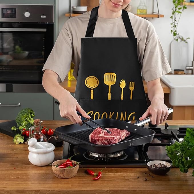 Women Kitchen Apron with Hand Wipe Pockets，Big Pocket,Hand-wiping, Waterproof for Cooking Baking-Black