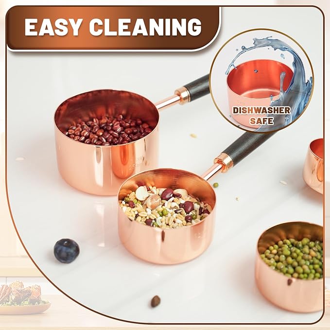 Premium Measuring Cups and Spoons Set with Wood Handle, 8-Pieces Stainless Steel Nesting Kitchen Measuring Set for Baking, Cooking, Coffee with Ergonomic Grip & Engraved Markings (Rose Gold8)